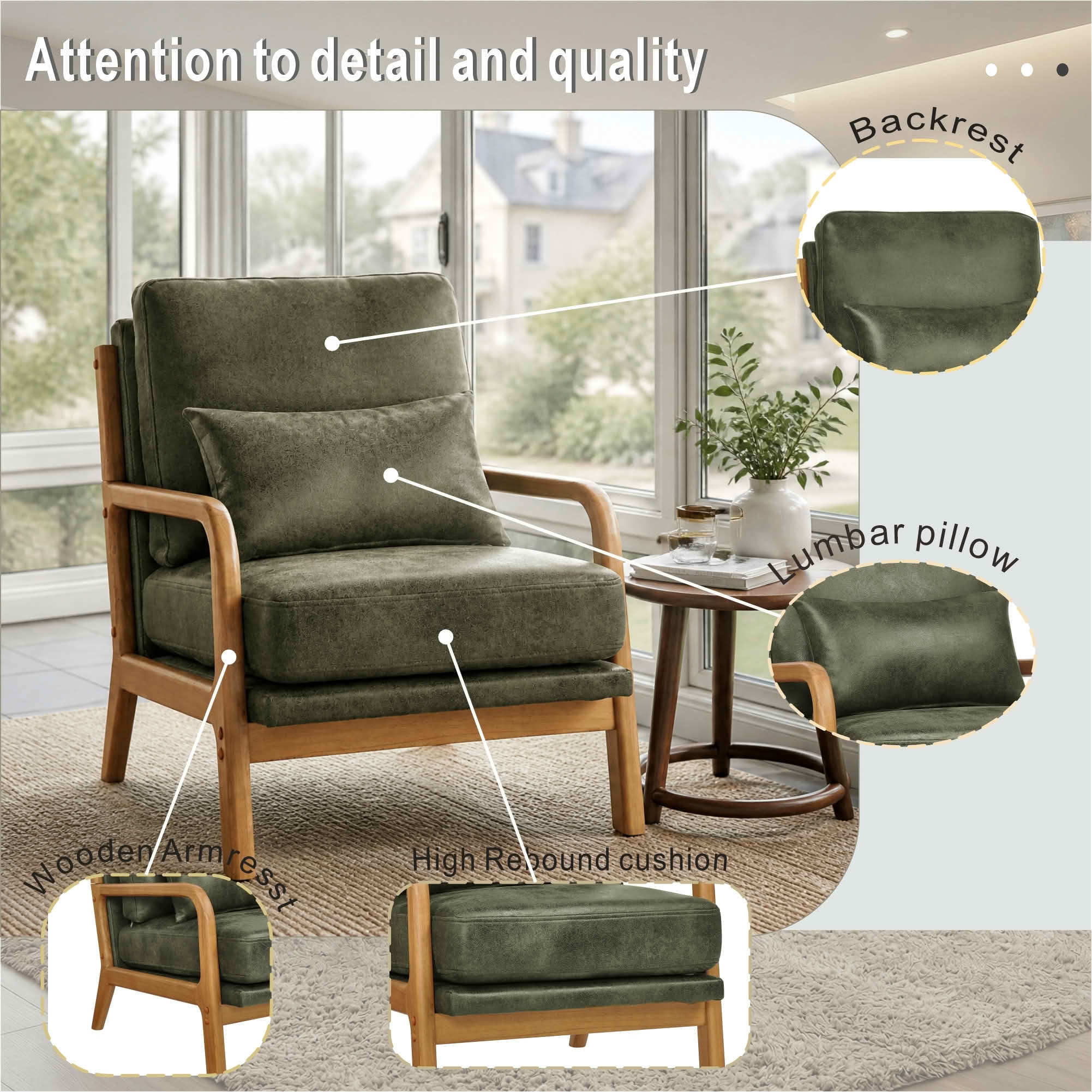 MAYEERTY 26 In Solid Wood Armchair, Curved Armrests, Foil Fabric, Memory Foam, Olive Green, 300 lb