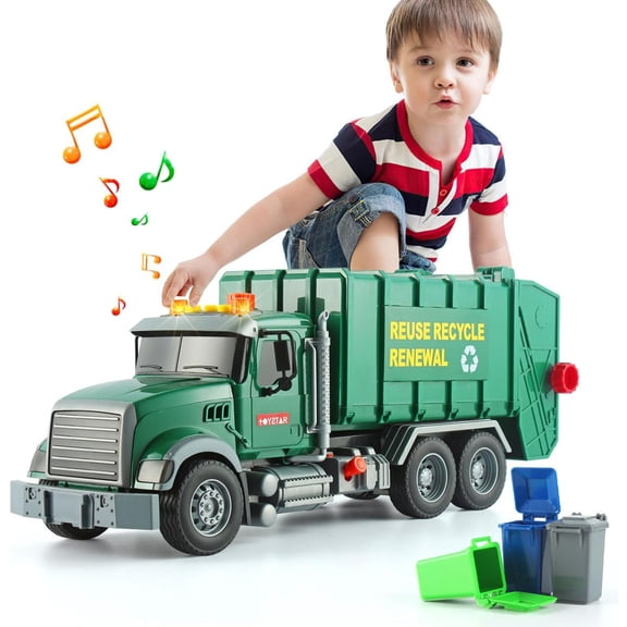 TYMZDYN 15" Large Garbage Truck Toy,Friction Powered Waste Management Garbage Truck with Lights and Sounds,3 Trash Cans, for Kids 3-5