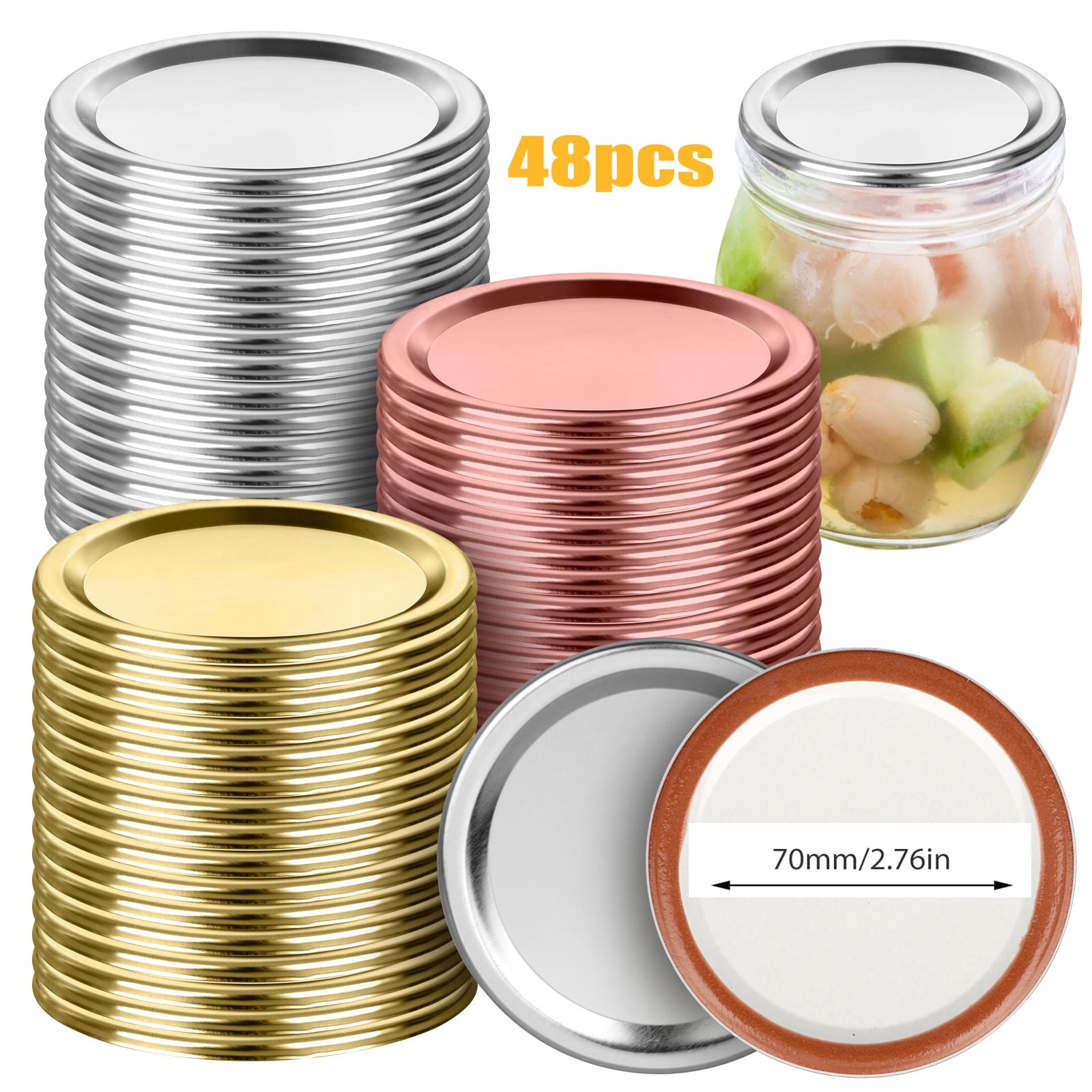 Mason Jar Lids Canning Lids Canning Lids Regular Mouth With Silicone Rings Anti-Scratch Resistant Surface Include 24 Gold Regular Lids and 24 Gold Regular Bands, 70mm 