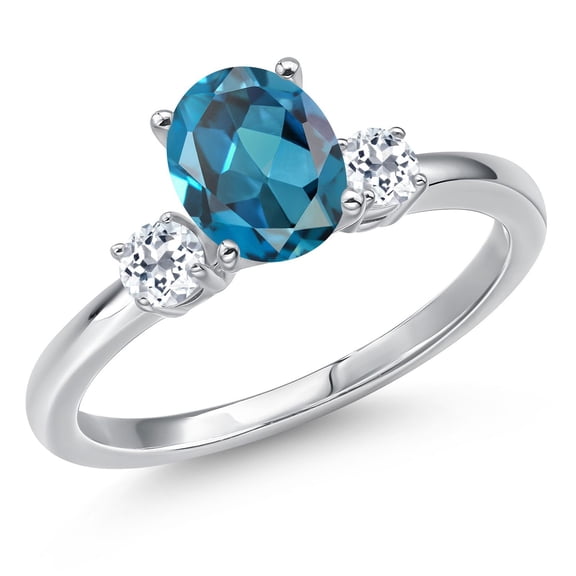 Gem Stone King 14K White Gold London Blue Topaz and White Topaz Engagement Ring for Women | 1.78 Cttw | Oval 8X6MM | Gemstone November Birthstone | Size 7