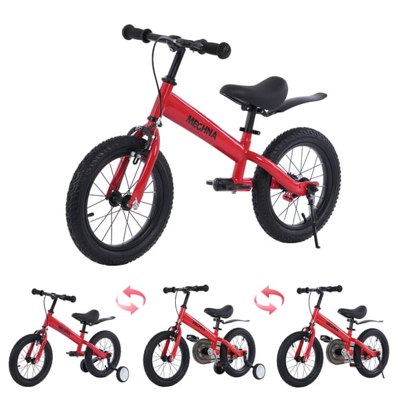 Meghna 14 inch Kids Balance Bike 2 in 1 Kids Bike Bicycle Detachable Training Wheels Dual Brake for 3-7 Years Old Toldders Red