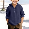 thumbnail image 2 of JUMEYU Boys Cotton and Linen Hooded Shirts Uniform Long Sleeve Tops Fall Casual Comfy Button Down Preppy Shirt for Boys Size 13-14 (Navy,13-14 Years), 2 of 4