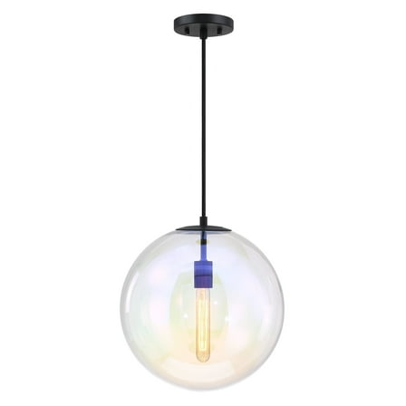 Lena 60-Watt 1-Light Matte Black Transitional Pendant Light with Clear Iridescent Glass Shade, No Bulbs Included
