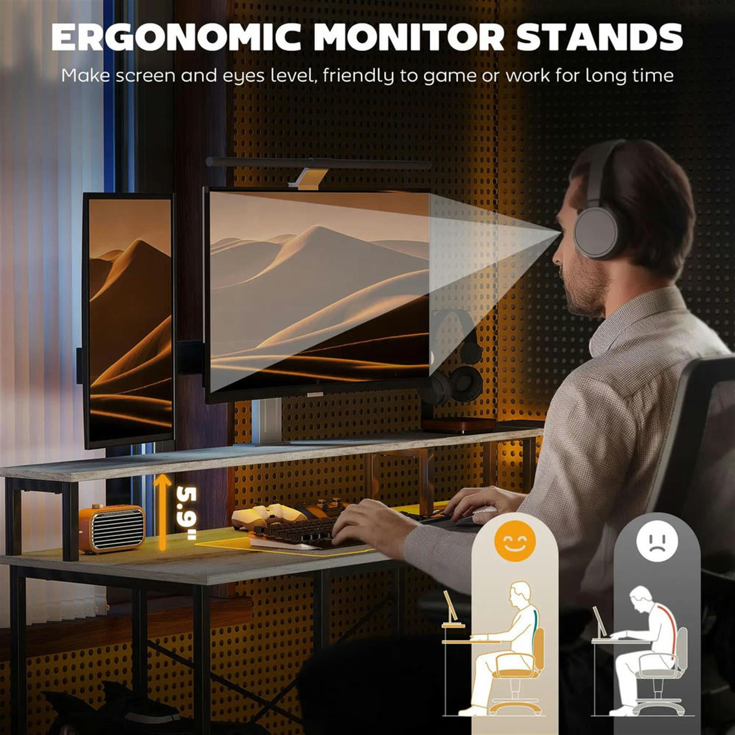 Demi Bonn 59" L Shaped Corner Office Desk with LED Lights and Power Outlets, Home Computer Desk for Living Room, Office, Study Writing Table PC Desks, Gray