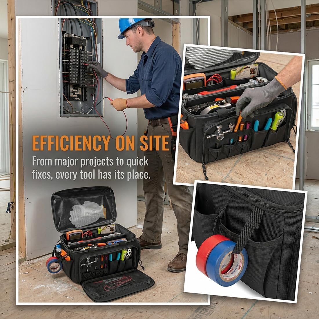14-Inch Heavy-Duty Canvas Tool Bag, Multi-function Large Capacity Tool Bag Organizer Tote Bag with Adjustable Shoulder Strap, Exterior Pockets for Hand Tools for Electrician Plumber, Brown
