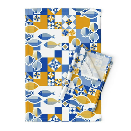 

Printed Tea Towel Linen Cotton Canvas - Ocean Geo Blue Yellow Caribbean Shells Fish Portugal Azulejos Tiles Squares Barn Quilt Cobalt Blue Print Decorative Kitchen Towel by Spoonflower