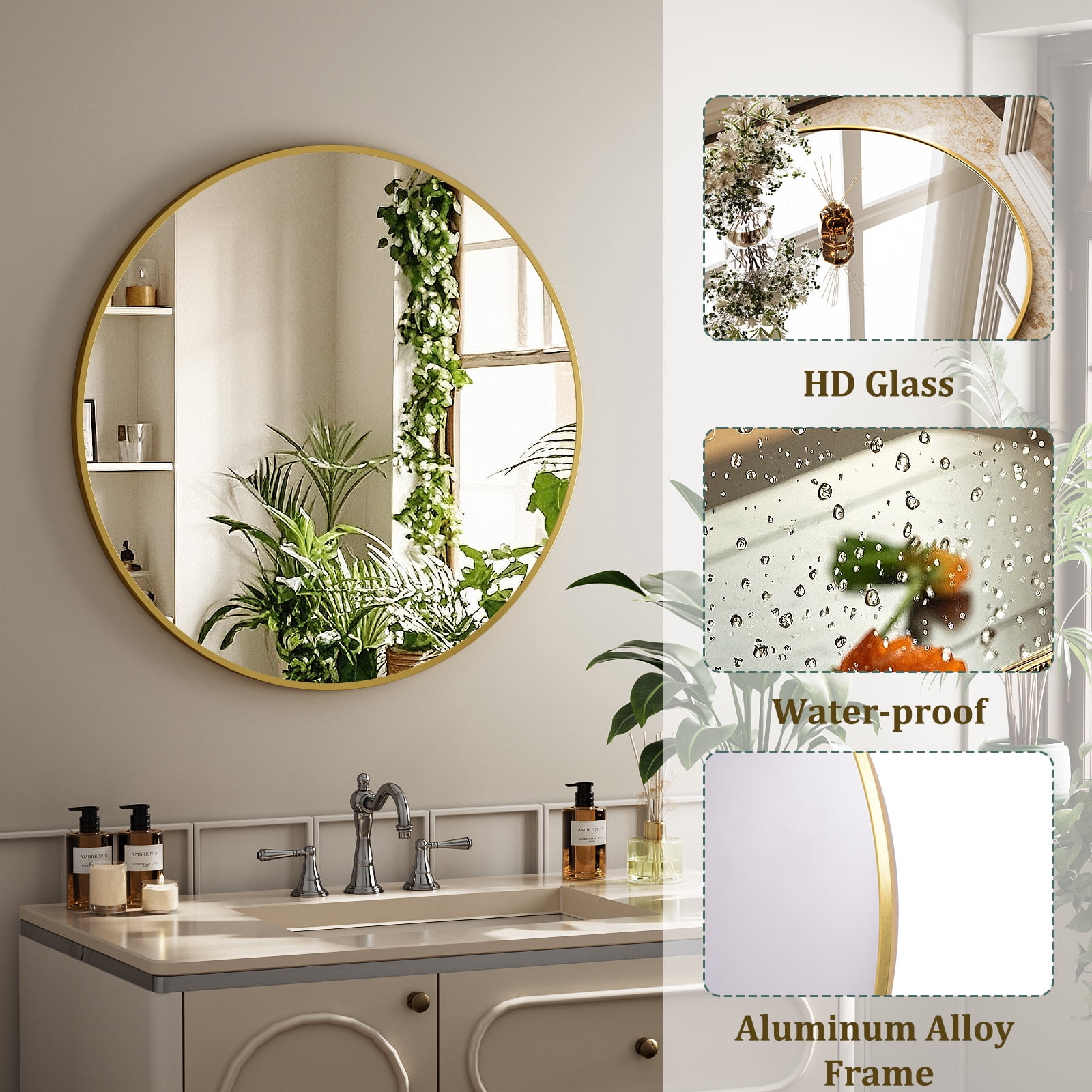 SHATTERVIEW 30" Bathroom Mirror Round Wall Mirror Vanity Mirror with Metal Frame, Gold