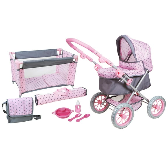Lissi: Combo Baby Doll Play Set - Pink & Grey Polka Dot - Travel Bed, Stroller Pram, Handbag, Feeding Accessories, Toys For Dolls Up to 18", Kids 3 