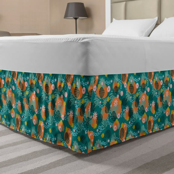 Tropical Bed Skirt, Flowers Abstract Motifs Monstera in Colorful Arrangement Print, Elastic Bedskirt Dust Ruffle Wrap Around for Bedding Decor, 4 Sizes, Teal Marigold, by Ambesonne
