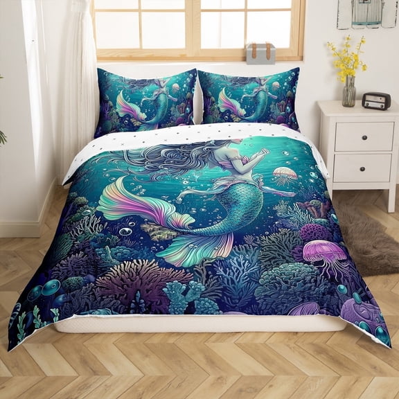 Erosebridal Marine Mermaid Comforter Cover Twin,Underwater World Bedding Twin Size,Peincess Bedroom Decor,Reversible,2-Piece(No Comforter)