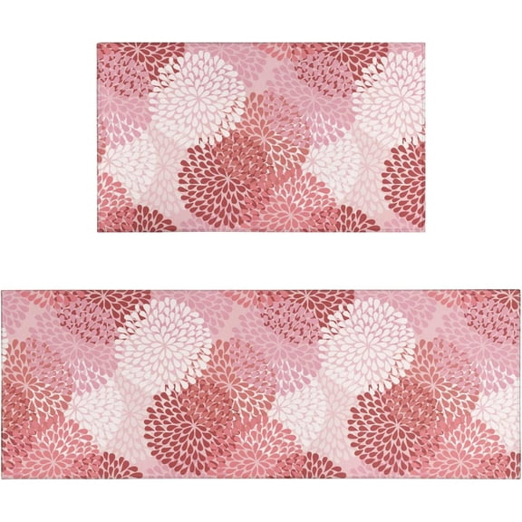 Pink Floral Kitchen Rug Mat, Pink Kitchen Rugs Sets of 2 Washable Non-Slip Kitchen Mats for Floor 2 Piece Pink Kitchen Decor