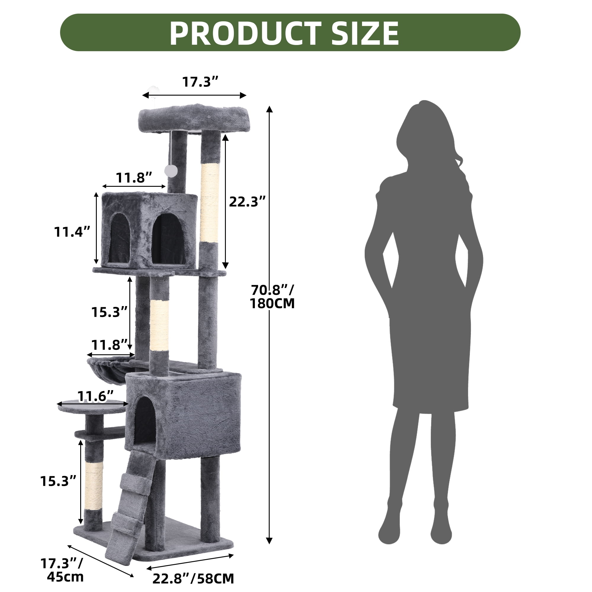 Uforic 70.8" Cat Tree Tower for Indoor Cats,Multi Level Play Tower Condo  with Scratching Posts&Cozy Basket, Light Gray
