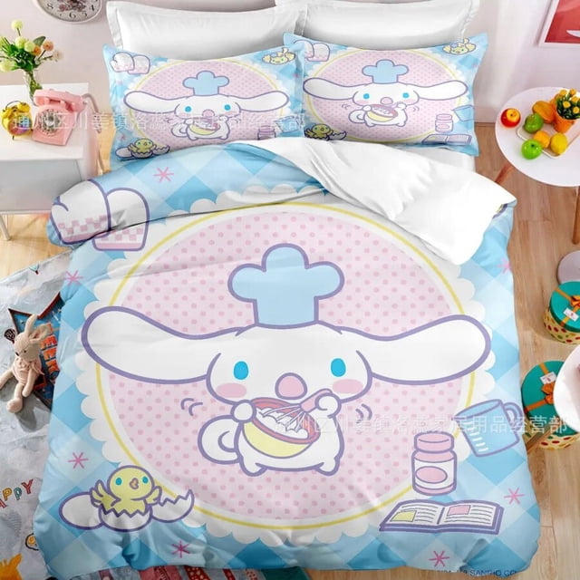 Juego de cama de dibujos animados de Anime Sanrio, edredón Kawaii Cinnamoroll, funda nórdica, funda de almohada, juego de cama para niños y niñas, Twin King Size