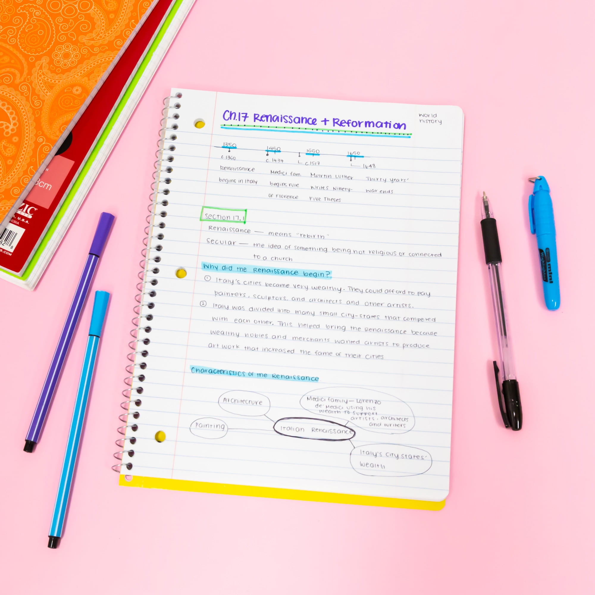 Spiral Notebooks, 1-Subject, Wide/Legal Rule, Randomly Assorted Cover Color, (70) 10.5 x 8 Sheets