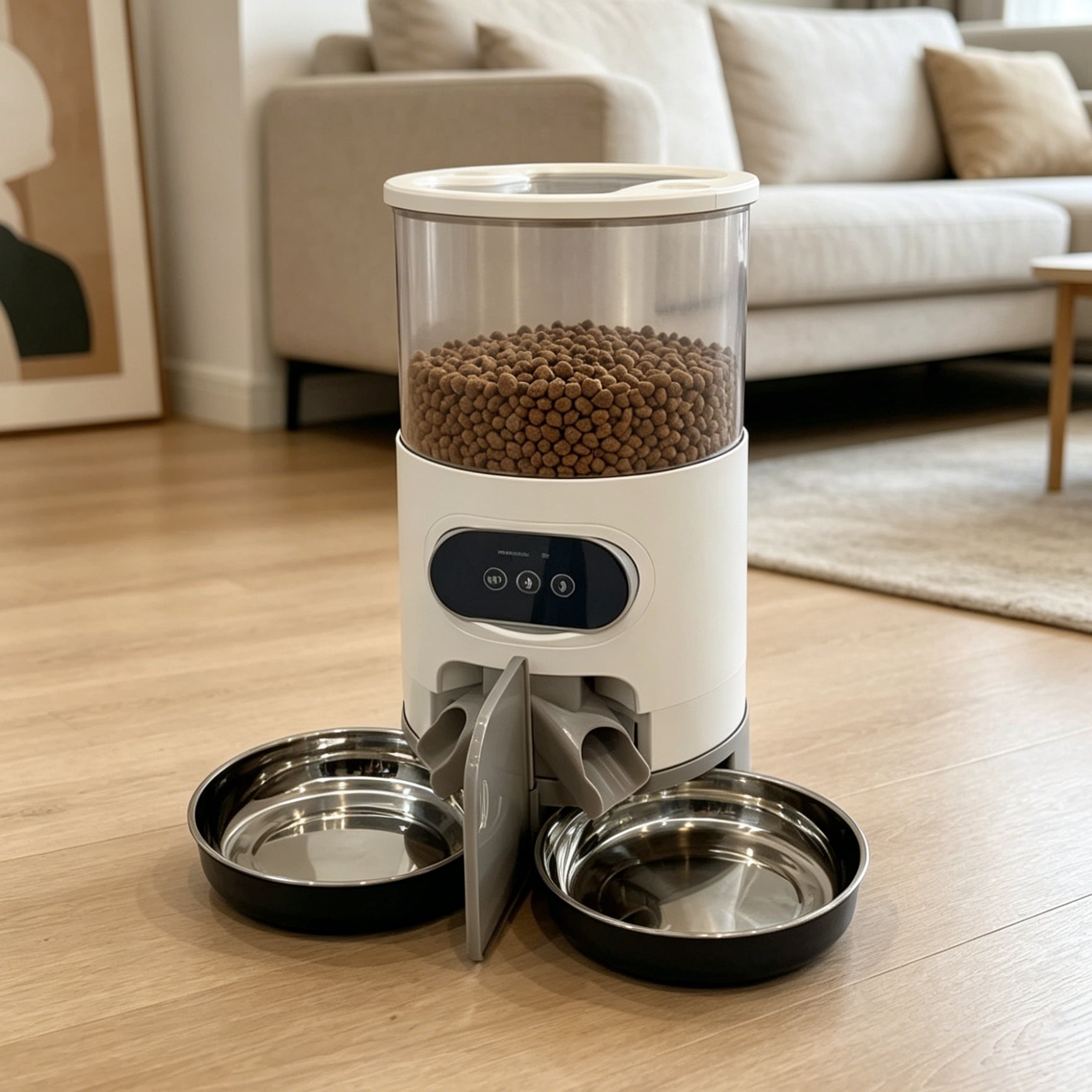 FlexiTrio Pet Feeder Cat And Dog Food Automatic Dispenser for Small And Medium-Sized Cats And Dogs Feeding Stainless Steel Double Bowl Pet Cat And Dog Feeder Easy to Clean