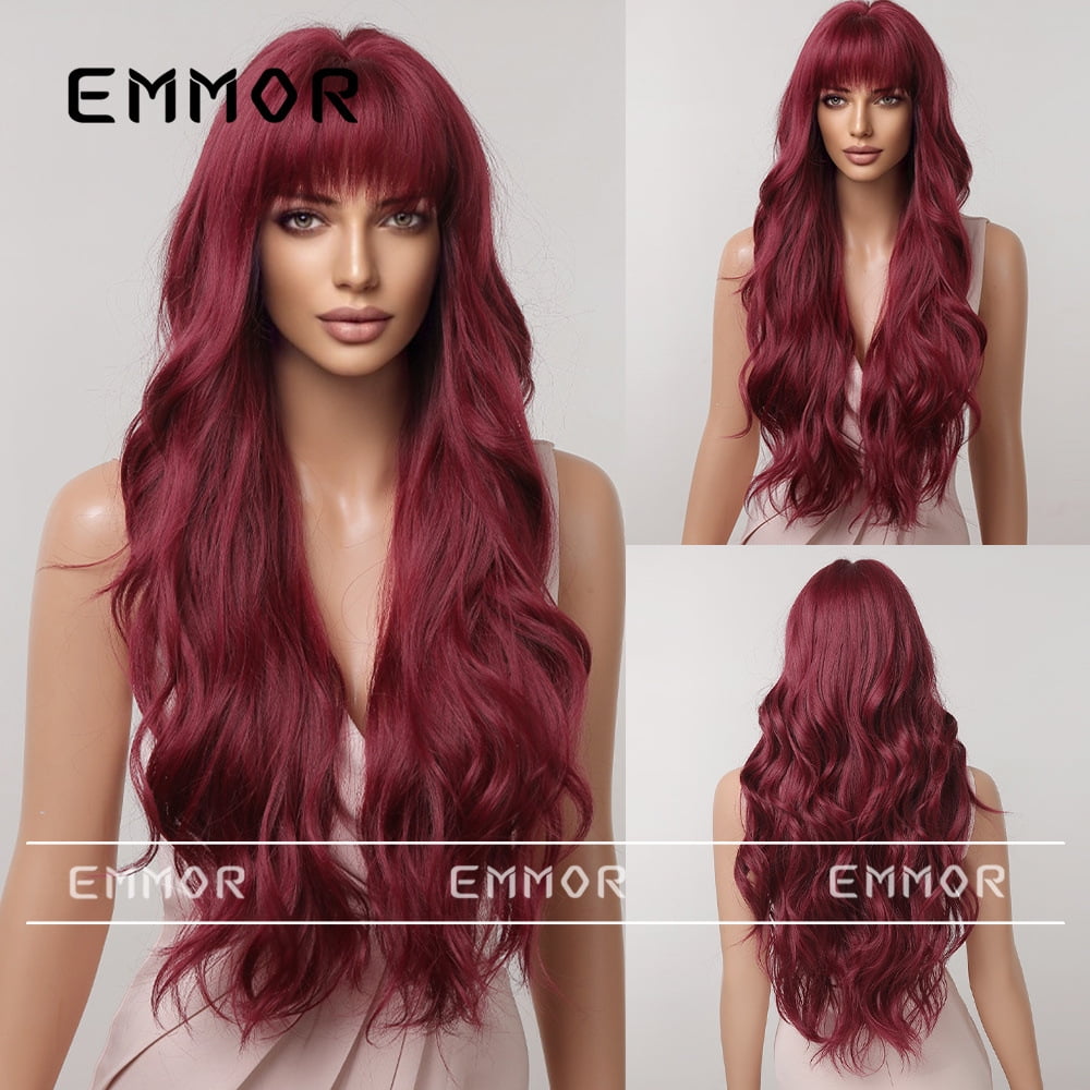Women's Wig with Bangs, Highlighted Gradient Brown, Big Wavy Long Hair, Natural Full Head Wig, Daily Realistic Wig