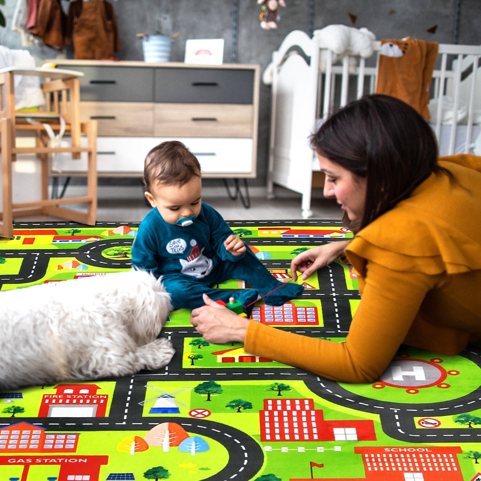 Homhougo—8' x 10' Children's Rug Play Mat City Life Learning Carpet Children's Education Road Traffic System Car Play Mat for Bedroom Playroom, Black