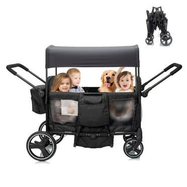 Wagon Stroller for 4 Kids, 4-Seat Foldable Stroller Wagon with Adjustable Handlebar, Canopy, 5-Point Safety Harness & Parent Cup Holder