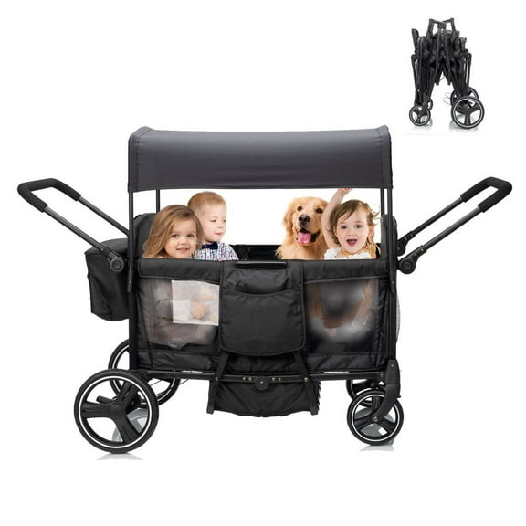Wagon Stroller for 4 Kids, 4-Seat Foldable Stroller Wagon with Adjustable Handlebar, Canopy, 5-Point Safety Harness & Parent Cup Holder