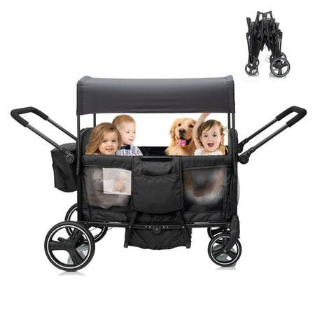 Wagon Stroller for 4 Kids, 4-Seat Foldable Stroller Wagon with Adjustable Handlebar, Canopy, 5-Point Safety Harness & Parent Cup Holder