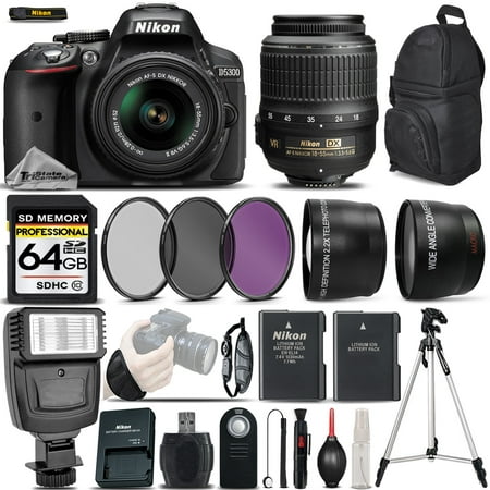 Nikon D5300 DSLR Camera Built-In Wi-Fi + Nikon 18-55mm VR Lens + Flash + 0.43X Wide Angle Lens + 2.2x Telephoto Lens + 3PC Filter Kit. All Original Accessories Included - International (Best Dslr With Wifi 2019)