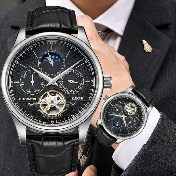 Reloj LIGE Reloj automatico mecanico de tourbillon para hombre plateado Walmart en linea