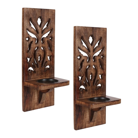 Homebia Designs Wooden Wall Sconces, Set of 2, Burnt Wood Finish, Rustic Pillar Candle Holder Design, 16 inch