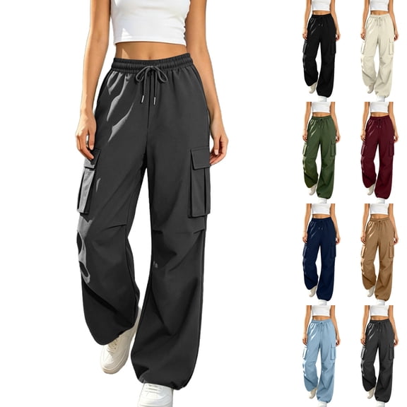 Sentuca Womens Cargo Pants Solid Color Drawstring Elastic Waist Jogger Pants with Multi-Pockets Adjustable Cinched Hem Casual Trousers Gray L