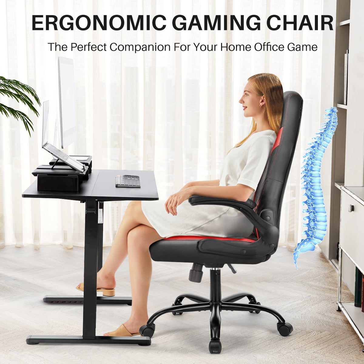 Simenmax Gaming Chair, Ergonomic Office Leather Racing Chair with Flip-up Armrest, Black Red