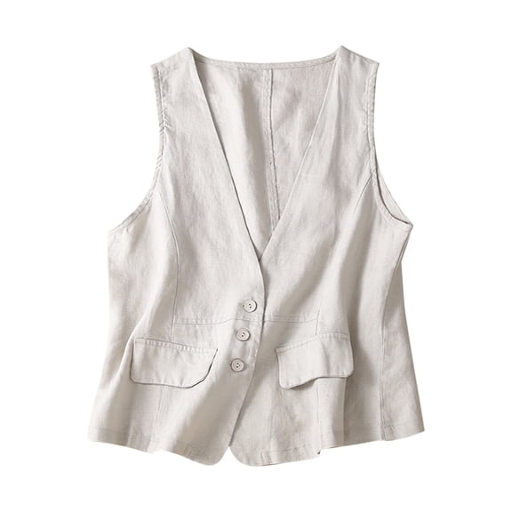 Lovskoo Women's Cotton Linen Sleeveless Vest Casual Loose V Neck Denim Trendy Cardigan Waistcoat Jacket Beige