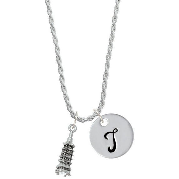 Delight Jewelry Pagoda with Clear Crystal Silvertone Script Initial Disc - T - Charm Necklace, 20"+3"