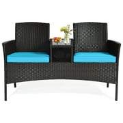 Patiojoy Outdoor Patio Rattan Wicker Conversation Set Loveseat Sofa with Coffee Table Turquoise