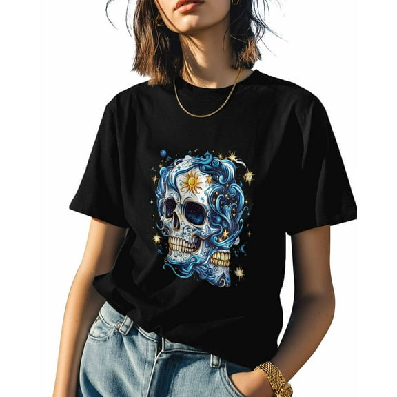 Skull Sun Womens Tshirt Graphic Tees Cotton Crew Neck T-Shirts, Casual Short Sleeve Shirts for Women Teen Girl
