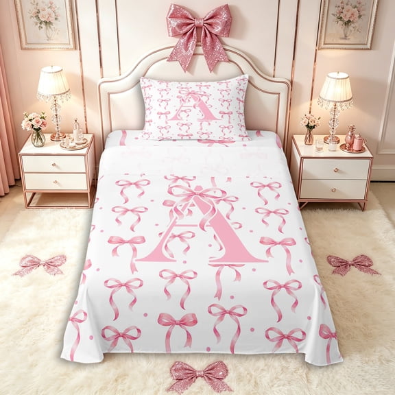 Manfei Girls Pink Letter Monogrammed A Twin Sheet Sets 3pcs,Kids Teens Ribbon Bow Knot Polka Dots Bedding,Super Cozy Room Decor