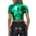 thumbnail image 3 of INSPIRE CHIC Women's Mock Neck Party Short Sleeve Metallic Crop Tops L Green, 3 of 6