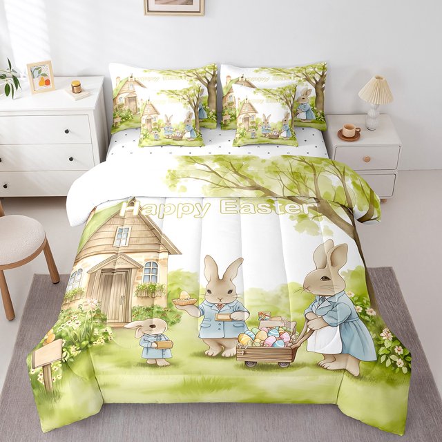 Erosebridal Easter Eggs Bedding Sets Twin Size,Kawaii Rabbit Comforter Sets with Sheets,Festival Decor,Reversible,7pcs