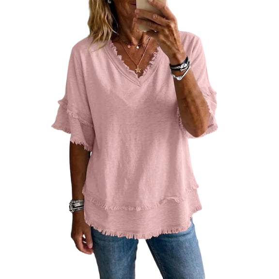 longantii Womens Summer Gauze Tops V Neck Short Sleeve Raw Edge Hem Cotton Linen Tunic Blouse Beach Vacation Tees Pink 3XL
