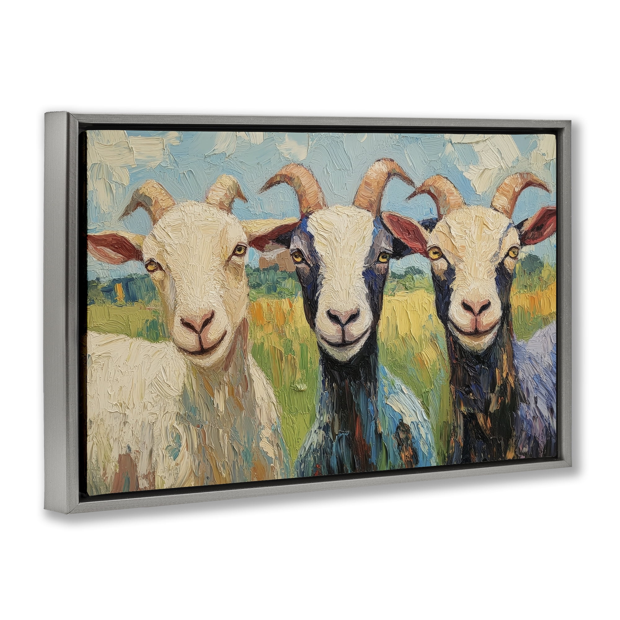 Stupell Industries Billy Goats in Bright Pasture Gray Framed Floater Canvas Wall Art, design by Petal Prints Design