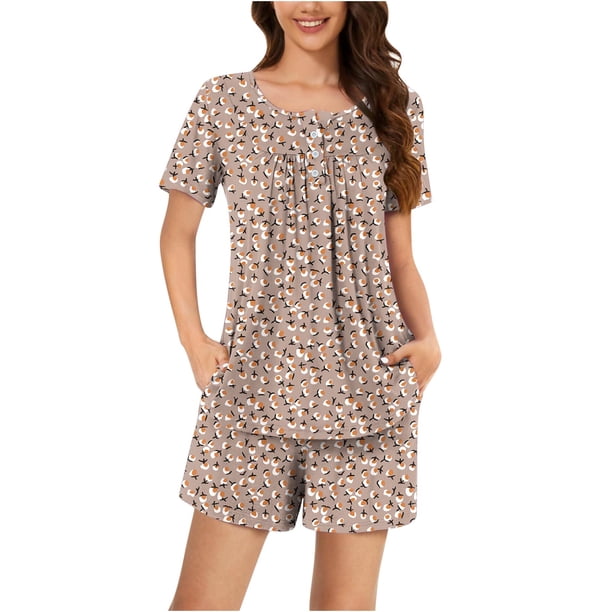 Conjunto de Ropa de Salón de las Mujeres Impreso Cuello Redondo Manga Corta Superior Y Pantalones, Ropa de Casa Suave Dos Piezas