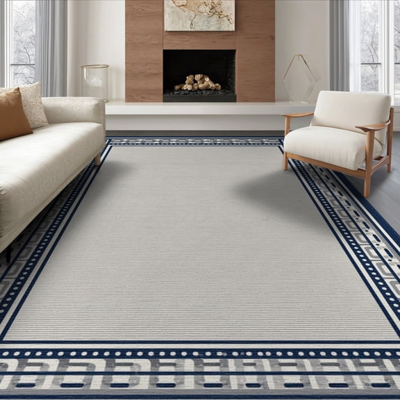 ODIKA 8'x10' Navy Beige Geometric Bordered Design Washable Area Rug Modern Indoor Outdoor Patterned Elegance Non-Slip Chair-Friendly Mat for Dining Room, Large Office, Lounge