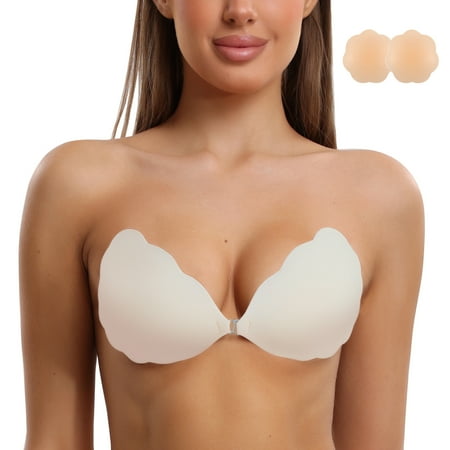 Niidor Strapless Sticky Bra Invisible Sticky Boobs Silicone Adhesive Bra Backless Pushup Lift Bra, Beige