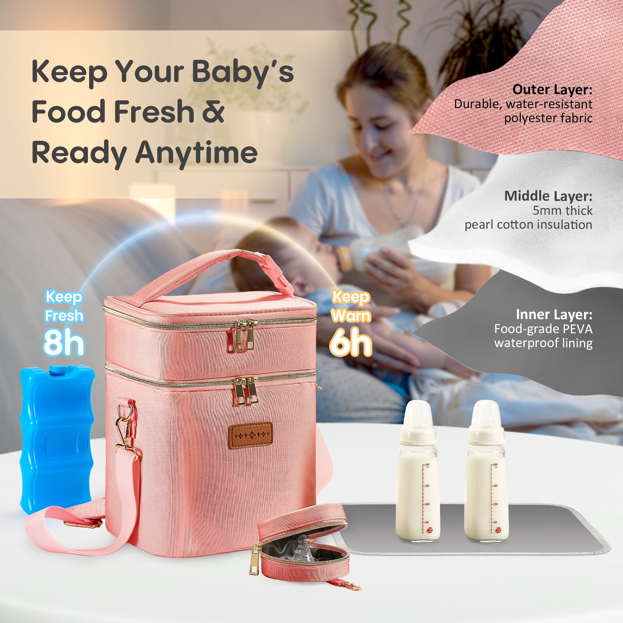 DERSTUEWE Breastmilk Cooler Bag with Ice pack , 2-Layer Travel Insulated Baby Bottle Bag, Pink