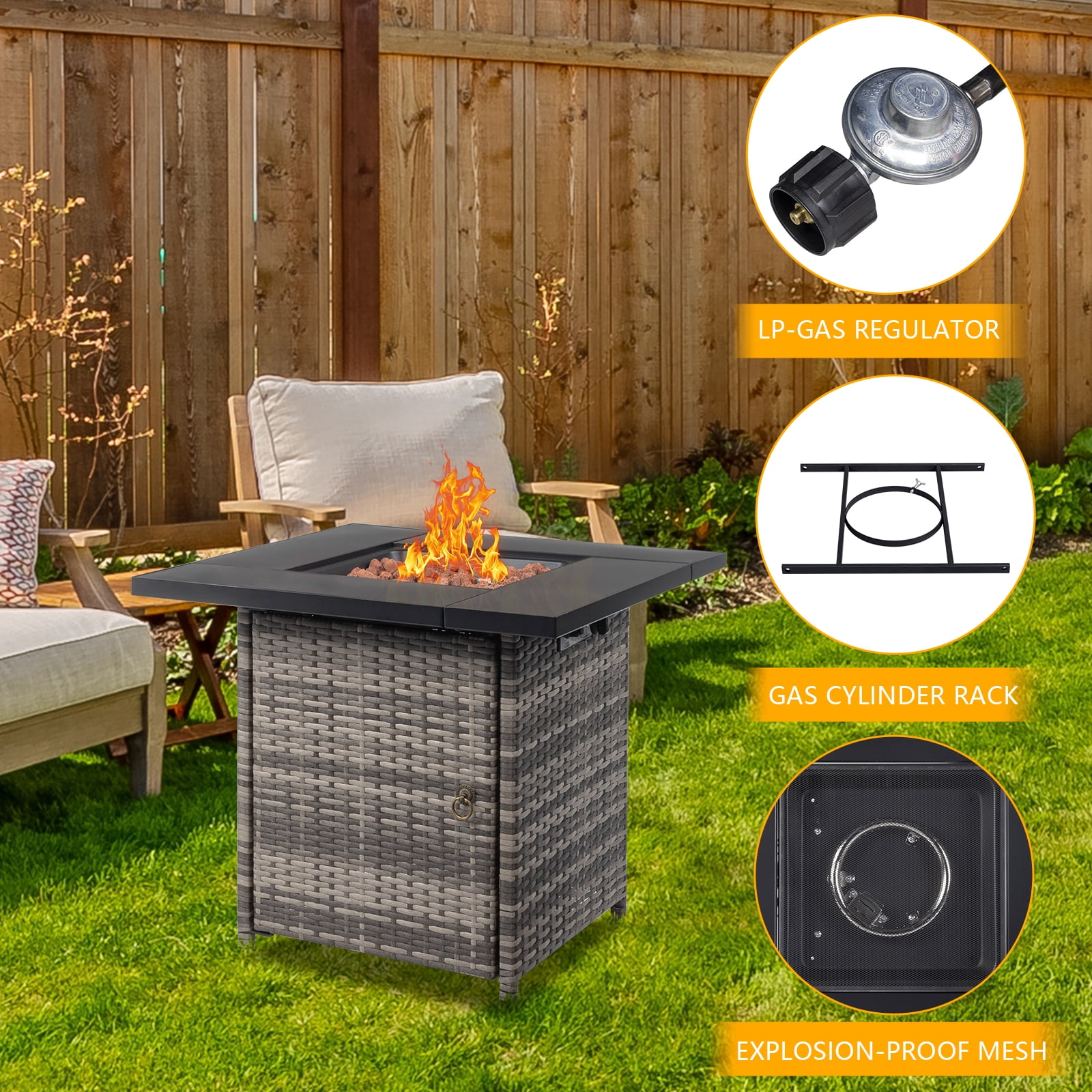 UBesGoo Gas 28" Outdoor Fire Pit Table 50,000 BTU Auto-Ignition Propane Wicker Fire Pit Table Gray