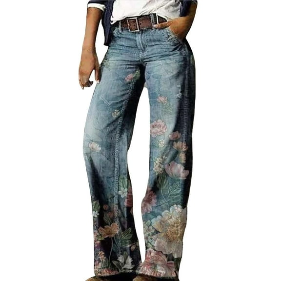 yunLCZ Womens Dress Pants Women's Flare Wide Leg High Waisted Casual Vintage Floral Print Pants Casual Colorful Trouser Business Work Casual Pants
