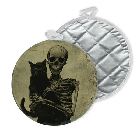 

2 PCS Pot Holders for Kitchen Potholders Sets with Hook for Oven Cooking Baking Skeletal Figure Holding Black Cat