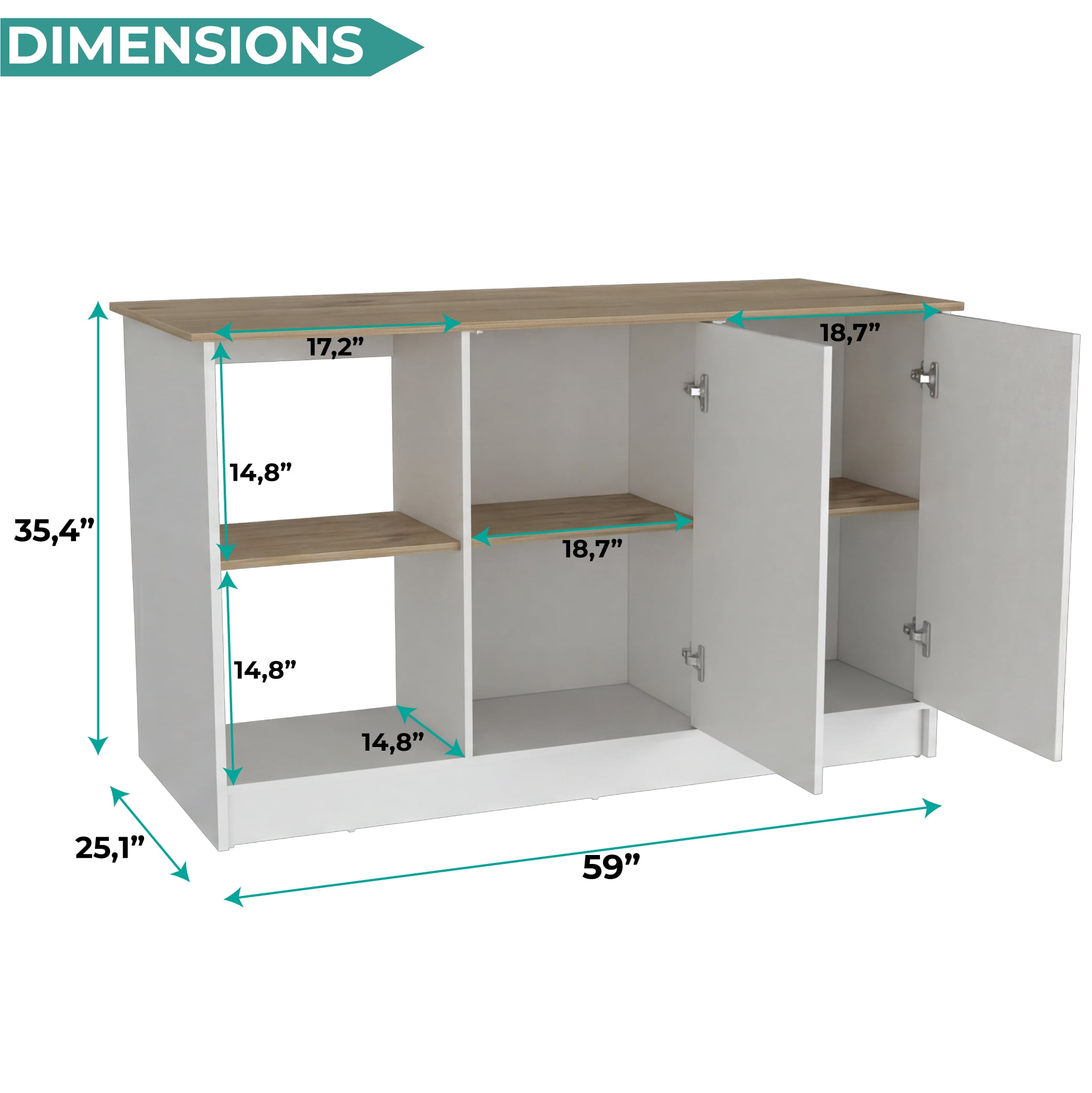 Juniper Kitchen Island with Large Top Surface, Double Door Cabinet, and Open Shelves White / Light Oak