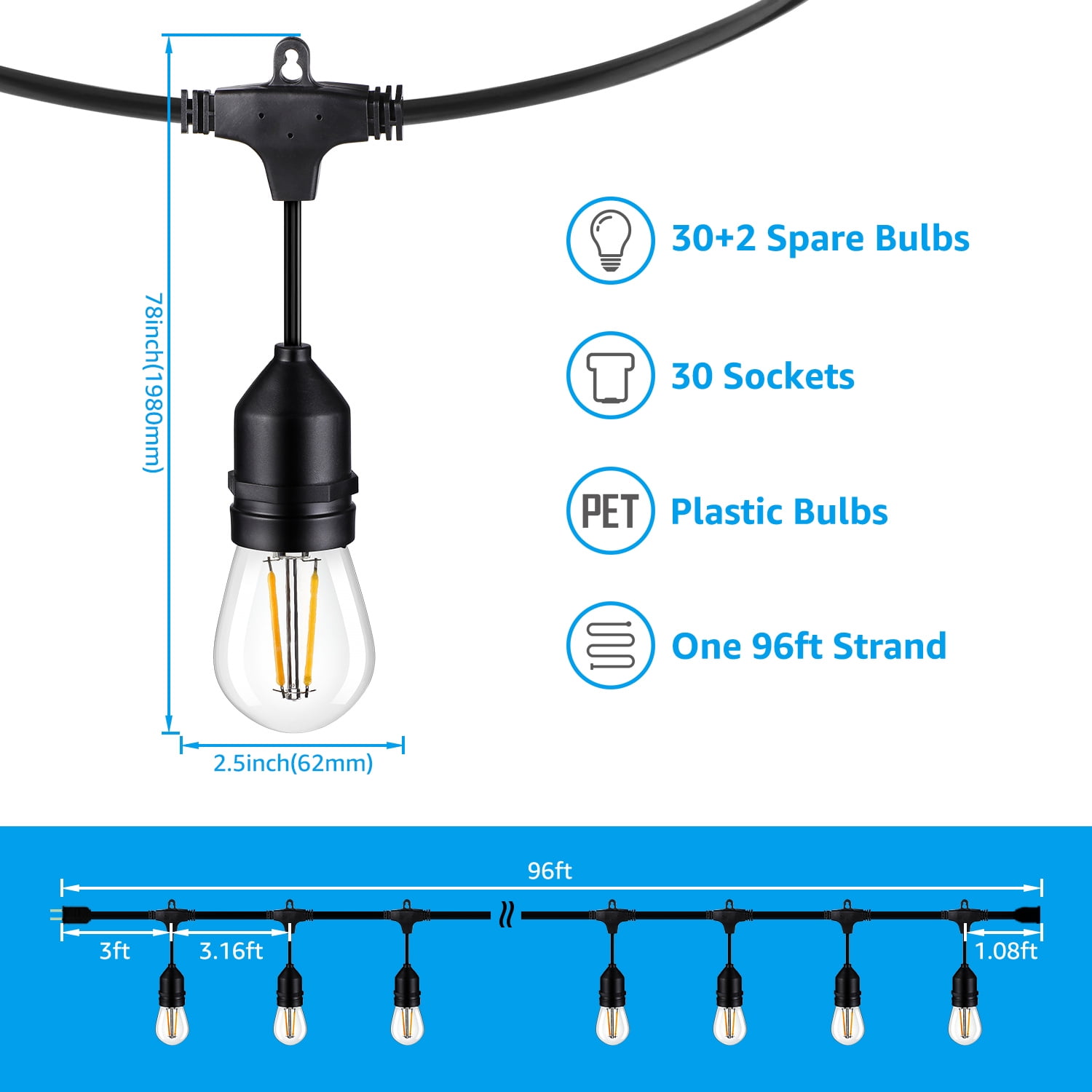 96ft Outdoor String Lights with 32 Bulbs, Shatterproof and Weather-Resistant Bulbs for Backyard and Patio