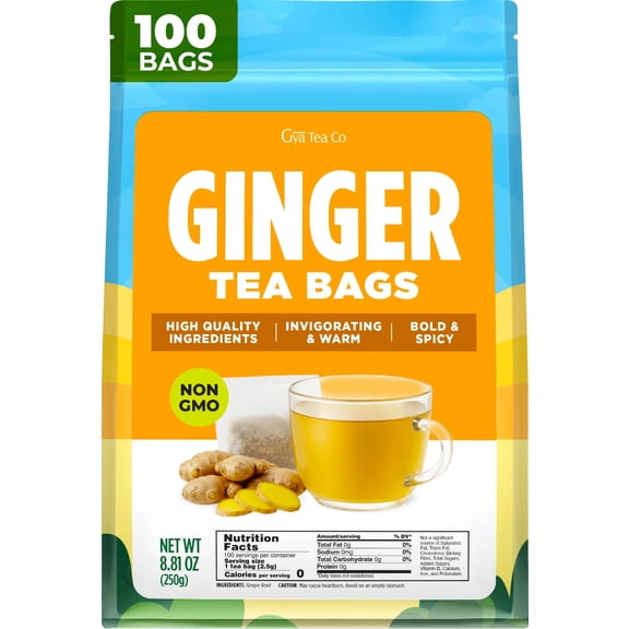 Gya Tea Co Ginger Tea Bags (100 Bags) - Bold & Spicy Caffeine Free Natural Pure Ginger Root Herbal Tea For Digestion & Wellness - Sugar Free, No Gluten, Non-GMO