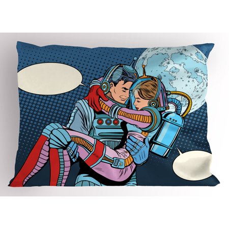 Romantic Pillow Sham Astronaut Couple in Love Valentines Day Celestial Sci Fi Comic Pop Art Marriage, Decorative Standard King Size Printed Pillowcase, 36 X 20 Inches, Multicolor, by