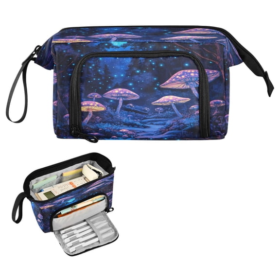 Nylon Fish Mouth Pencil Case with Large Capacity Zipper Pencil Pouch Bioluminescent Mushrooms Pencil Bag Organizers